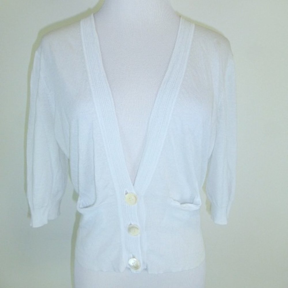 IISLI  light GRAY cotton blend cropped v CARDIGAN pockets SWEATER M
